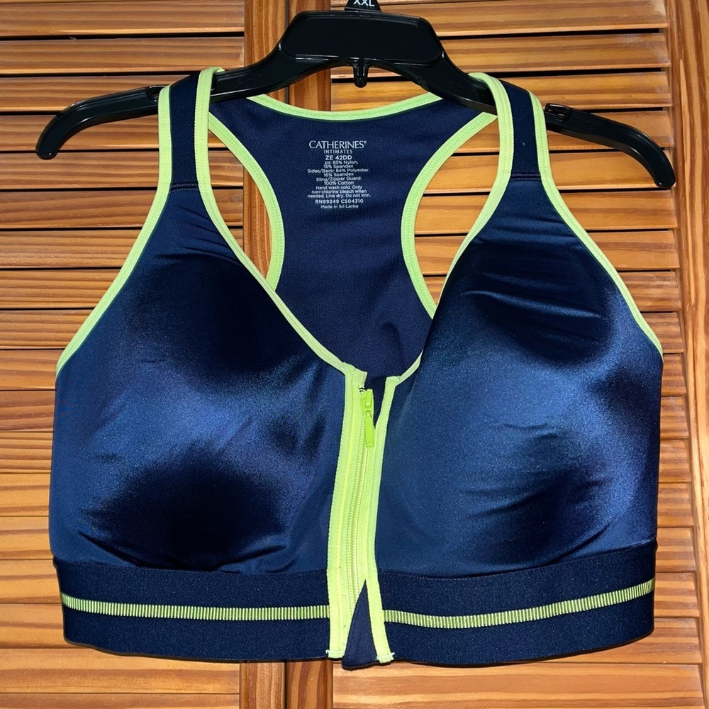 Catherines Intimates Blue and Lime Green Zipper Front Sports Bra 42DD